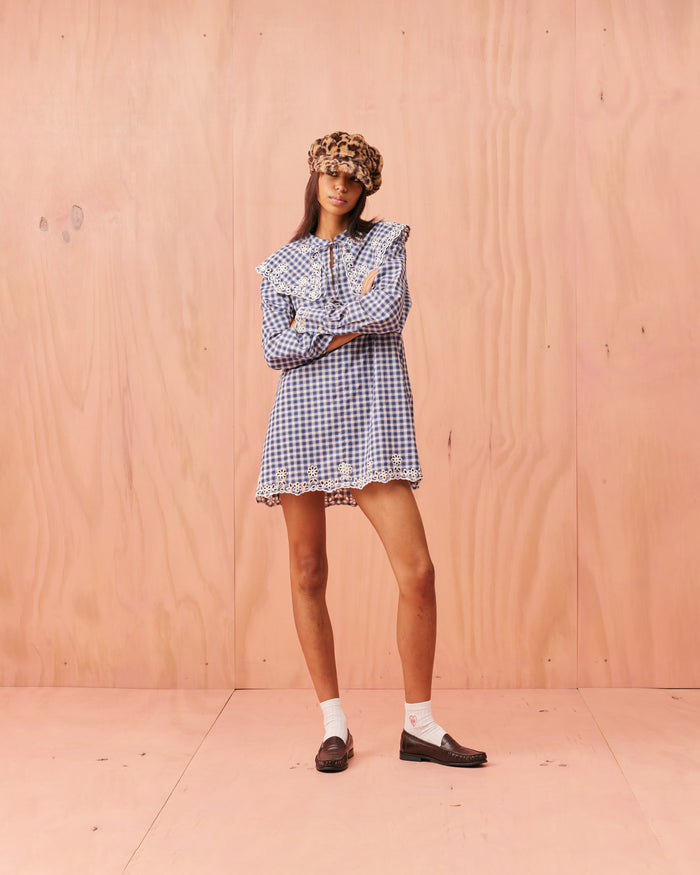 GRETA BRODERIE MINI DRESS NAVY ORANGE TARTAN