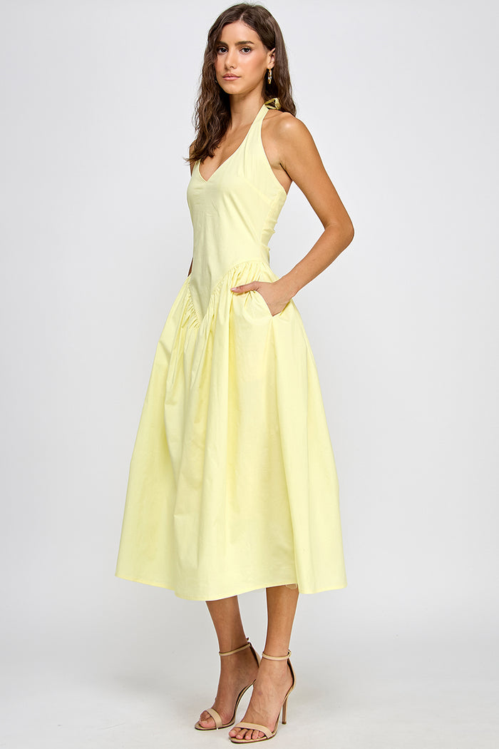 Halter Neck Tulle Maxi Dress with Pockets - Butter