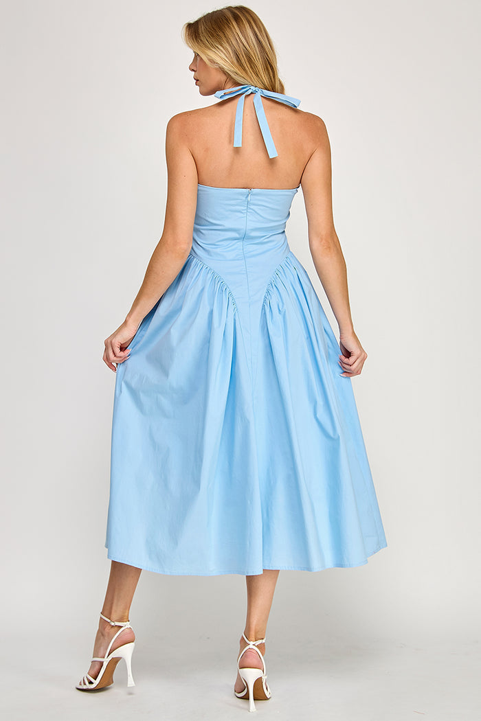 Halter Neck Tulle Maxi Dress with Pockets - Sky Blue