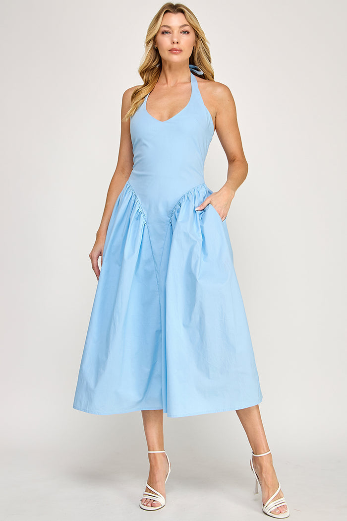 Halter Neck Tulle Maxi Dress with Pockets - Sky Blue