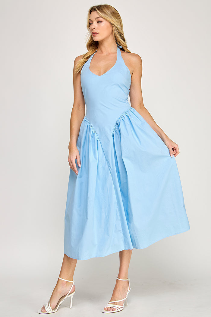 Halter Neck Tulle Maxi Dress with Pockets - Sky Blue