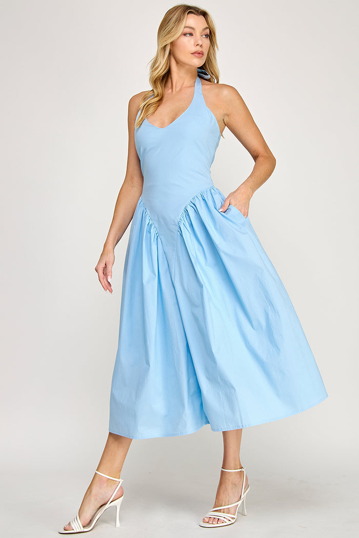 Halter Neck Tulle Maxi Dress with Pockets - Sky Blue