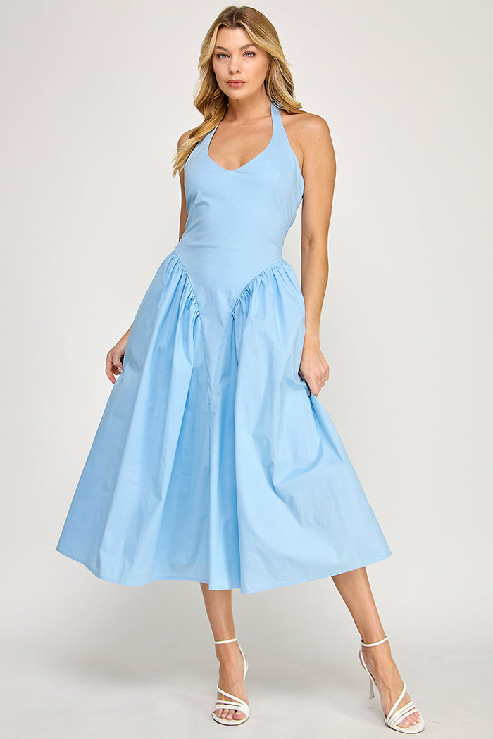 Halter Neck Tulle Maxi Dress with Pockets - Sky Blue