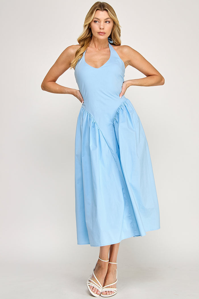 Halter Neck Tulle Maxi Dress with Pockets - Sky Blue