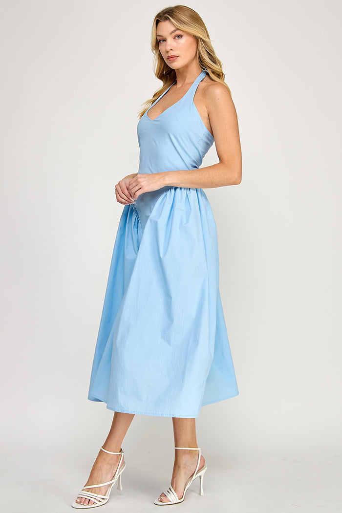 Halter Neck Tulle Maxi Dress with Pockets - Sky Blue