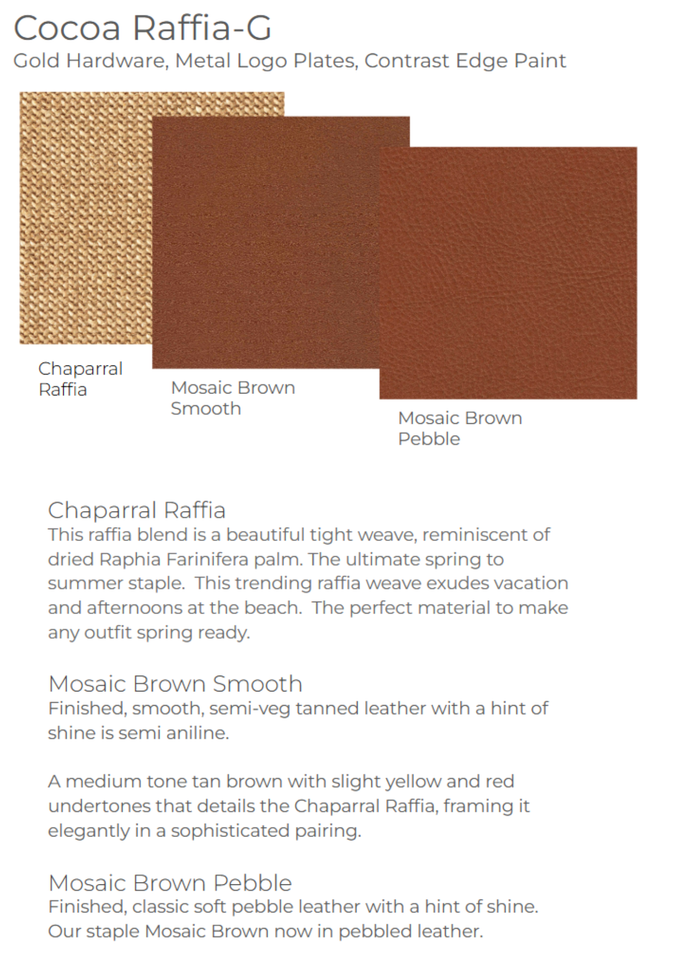 Graphic showing raffia and brown leather materials