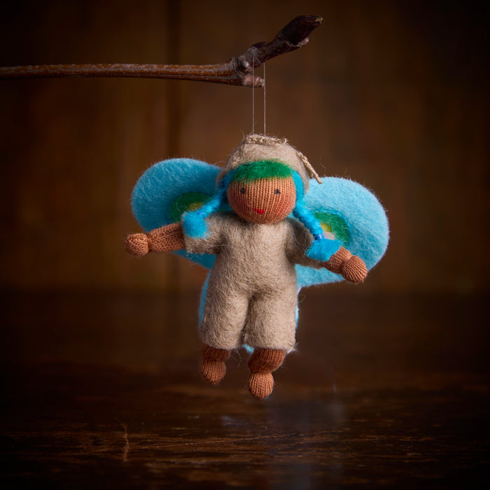 Handmade Small Wool Hanging Fairy - Blue Butterfly - Brown