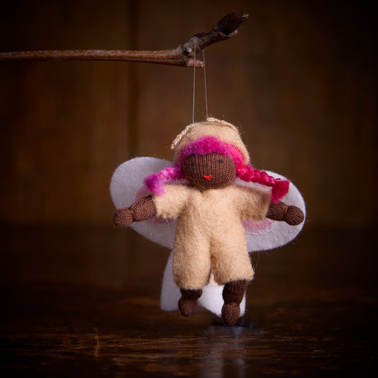 Handmade Small Wool Hanging Fairy - White Butterfly - Black