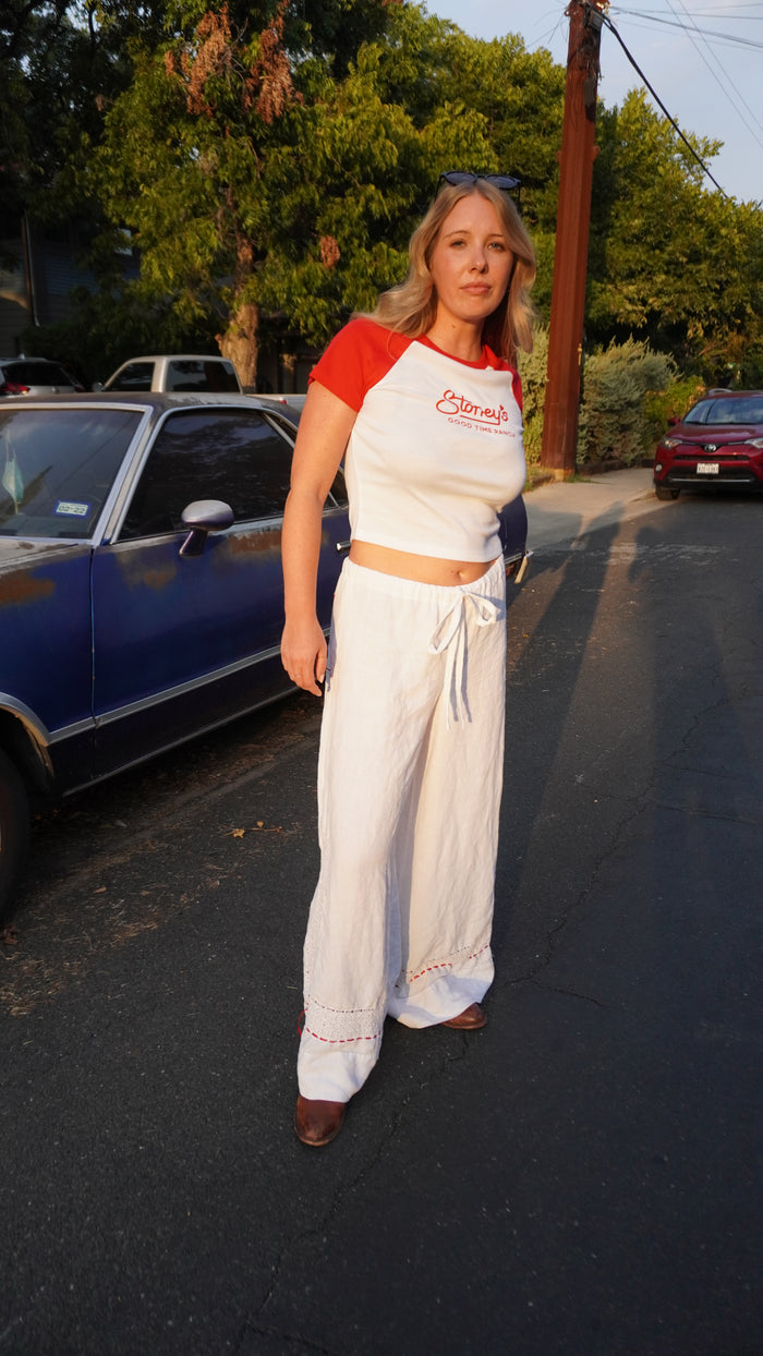 Handmade Vintage Tablecloth White Wide Leg Pants with Red Embroidery