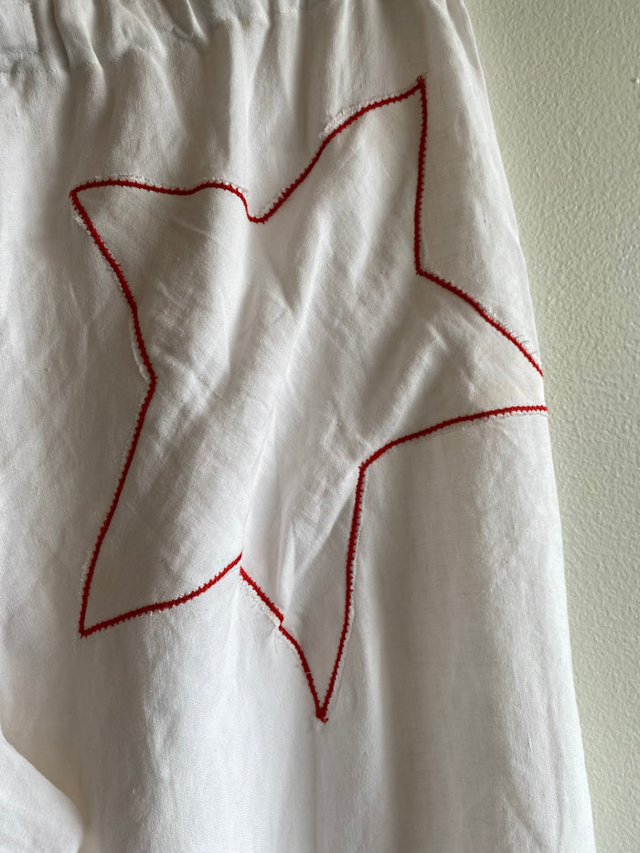 Handmade Vintage Tablecloth White Wide Leg Pants with Red Embroidery