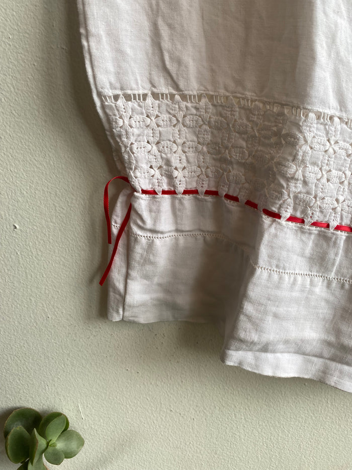 Handmade Vintage Tablecloth White Wide Leg Pants with Red Embroidery