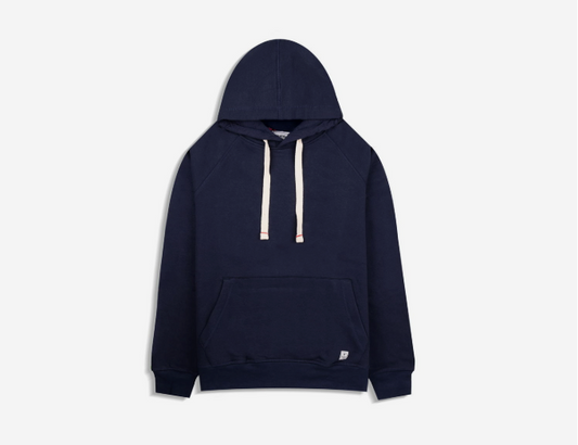 A navy blue hoodie with white drawstrings and a front pocket, displayed on a plain white background.