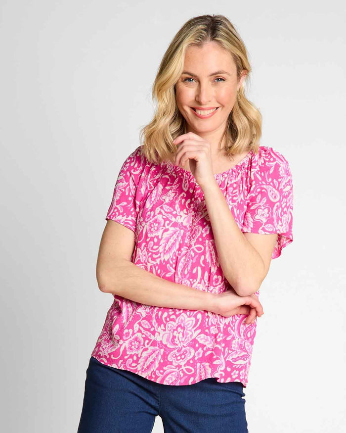 Harlow Patterned Cotton Short Sleeved Top - The Classic Boutique
