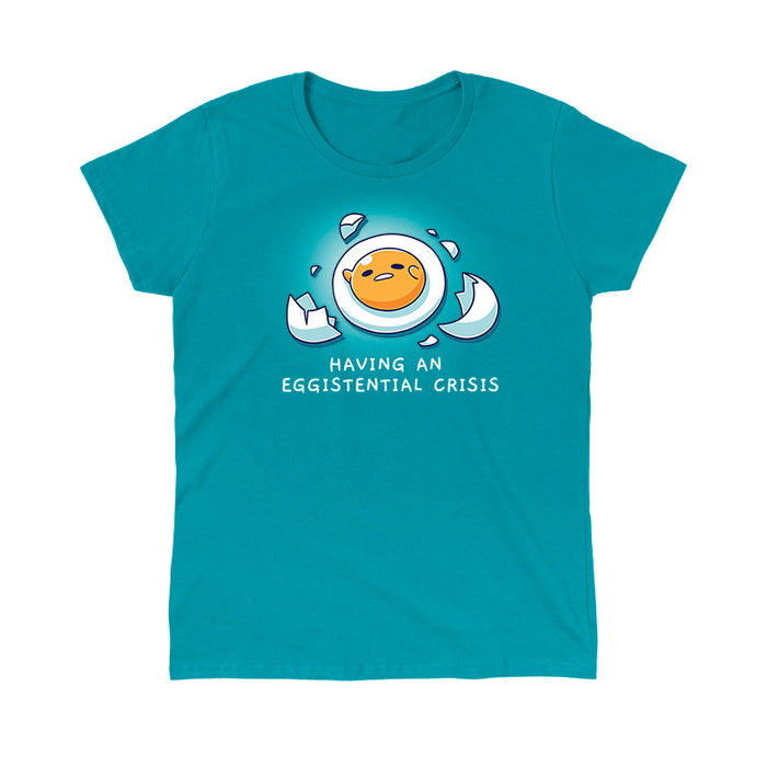 Classic Cotton T-shirt_TeeTurtle tropical blue Having An Eggistential Crisis apparel featuring Gudetama in a round yolk form surrounded by pieces of broken eggshells having an existential crisis with the caption, “Having An Eggistential Crisis“.