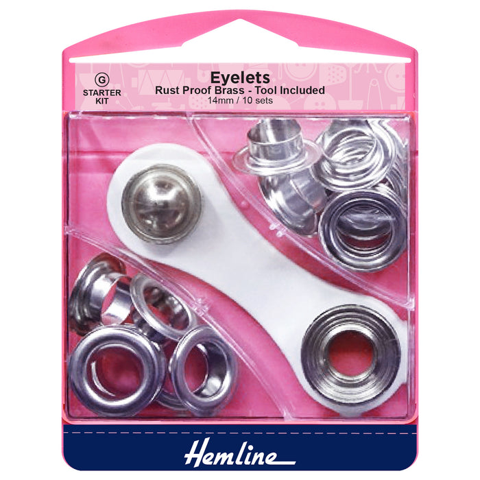 Hemline Eyelets Starter Kit: 14mm: Nickel and Silver: (G): 10 Pieces - Eyelet Starter Kit