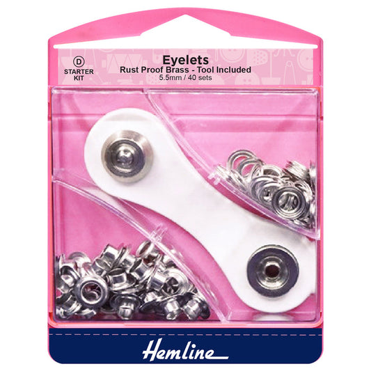 Hemline Eyelets Starter Kit: 5.5mm: Nickel and Silver: (D): 40 Pieces - Eyelet Starter Kit