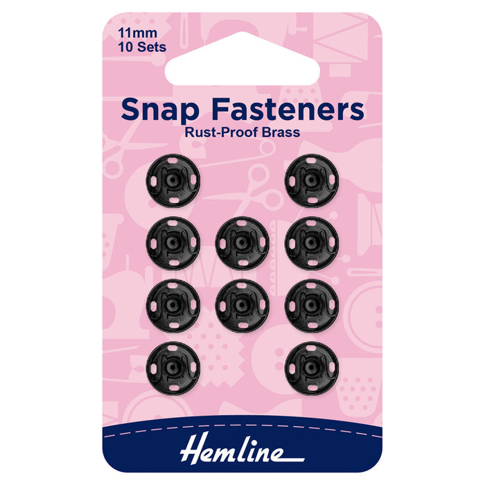 Hemline Snap Fasteners: Sew-on: Black: 11mm: Pack of 10 - Snaps