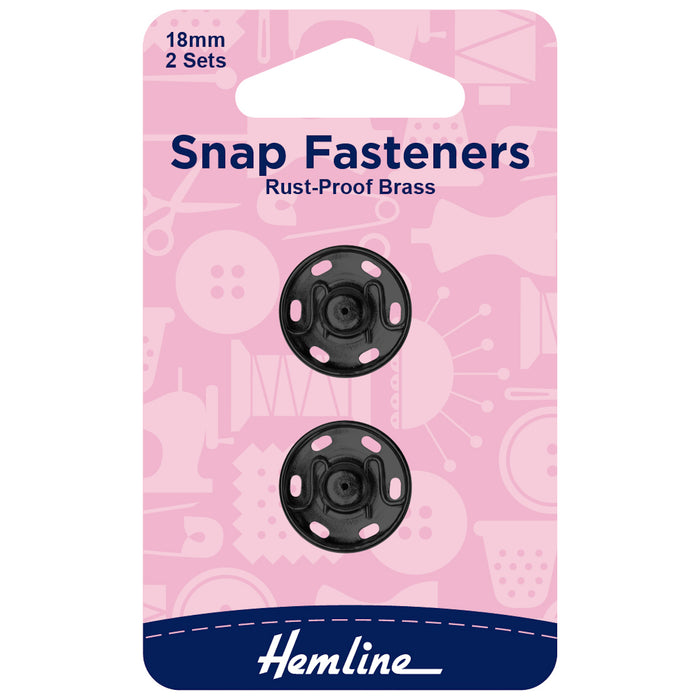 Hemline Snap Fasteners: Sew-on: Black: 18mm: Pack of 2 - Snaps