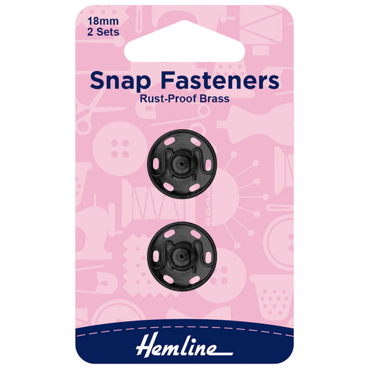 Hemline Snap Fasteners: Sew-on: Black: 18mm: Pack of 2 - Snaps