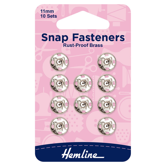 Hemline Snap Fasteners: Sew-on: Nickel: 11mm: Pack of 10 - Snaps