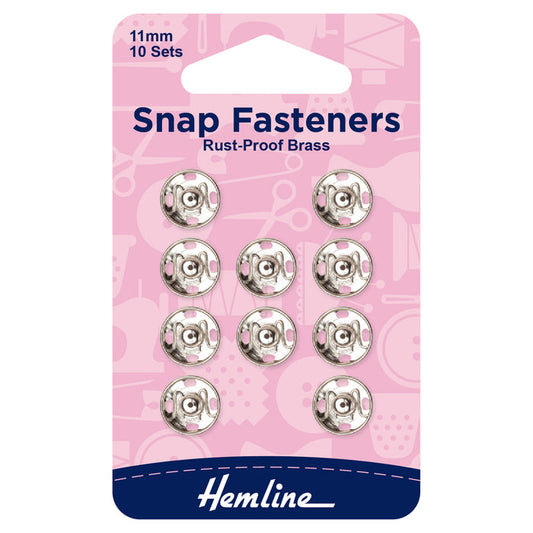 Hemline Snap Fasteners: Sew-on: Nickel: 11mm: Pack of 10 - Snaps
