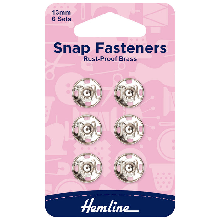 Hemline Snap Fasteners: Sew-on: Nickel: 13mm: Pack of 6 - Snaps