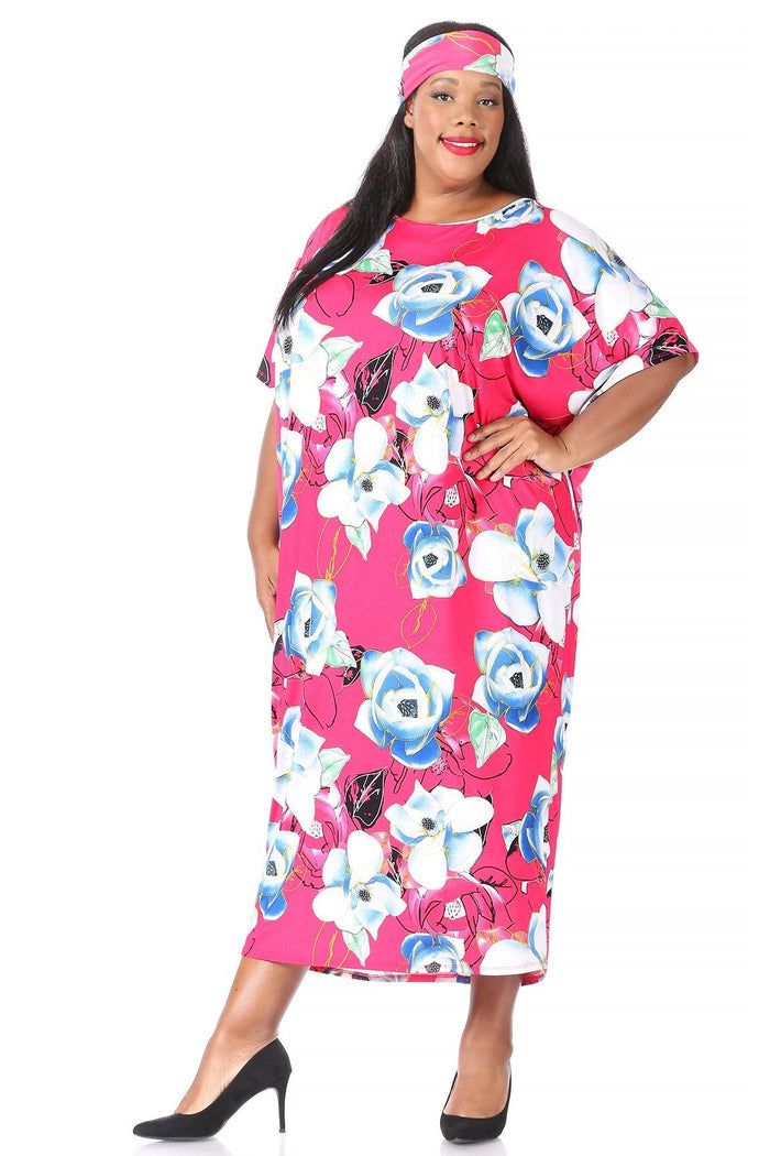 Hi Curvy Plus Size Women Flora Print Midi Shift Dress with Headscarf