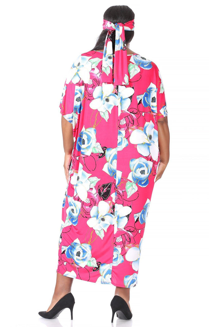 Hi Curvy Plus Size Women Flora Print Midi Shift Dress with Headscarf