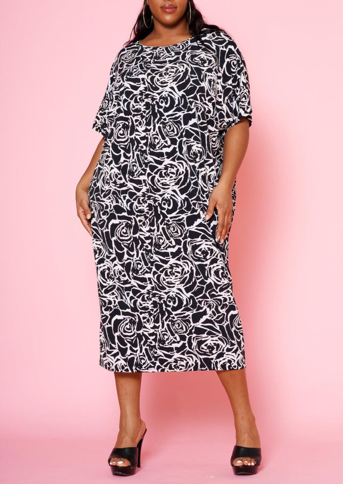 Hi Curvy Plus Size Women Rose Bloom Print Midi Dress