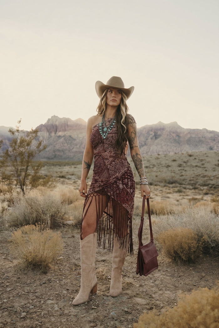Off-the-shoulder vintage patchwork midi dress with an asymmetrical fringe hem paired with brown cowboy boots.