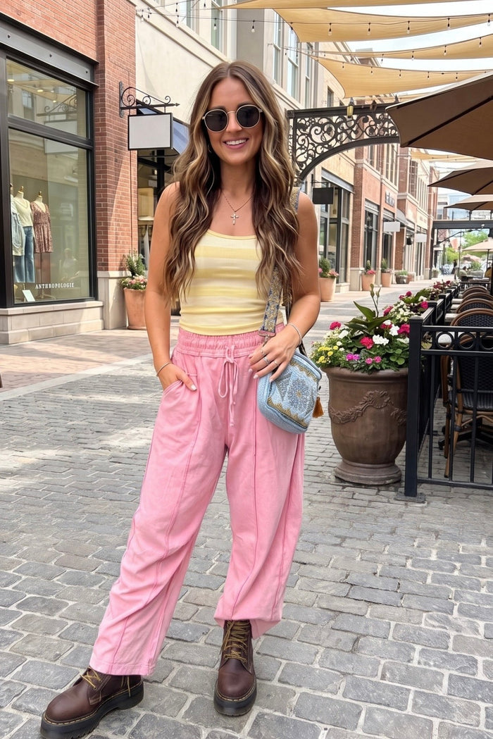 barrel pants, women's relaxed fit pants, boho style trousers, lightweight casual pants, drawstring waist pants, balloon leg pants, travel-friendly clothing, oversized pocket pants