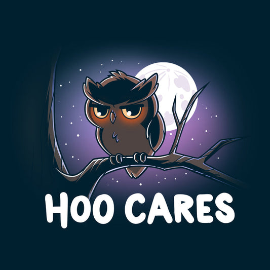 Premium Cotton T-shirt_TeeTurtle navy blue Hoo Cares apparel featuring an owl with a deadpan expression perched on a branch with a moonlit sky in the background with the caption, “Hoo Cares“.