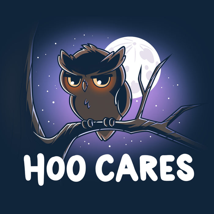 Classic Cotton T-shirt_TeeTurtle navy blue Hoo Cares apparel featuring an owl with a deadpan expression perched on a branch with a moonlit sky in the background with the caption, “Hoo Cares“.