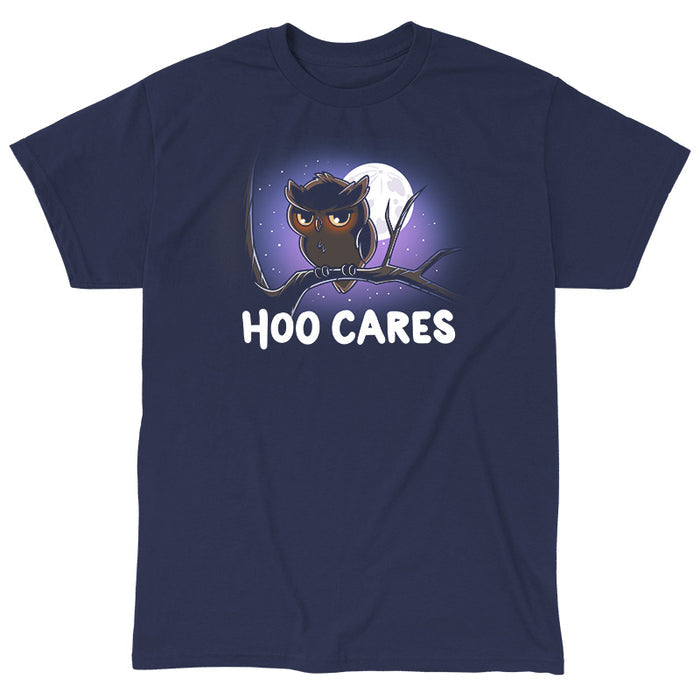 Classic Cotton T-shirt_TeeTurtle navy blue Hoo Cares apparel featuring an owl with a deadpan expression perched on a branch with a moonlit sky in the background with the caption, “Hoo Cares“.