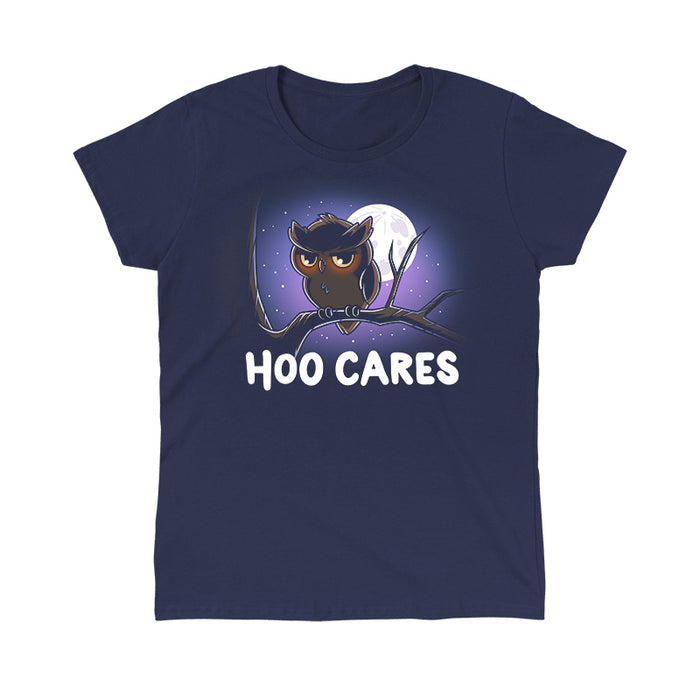 Classic Cotton T-shirt_TeeTurtle navy blue Hoo Cares apparel featuring an owl with a deadpan expression perched on a branch with a moonlit sky in the background with the caption, “Hoo Cares“.