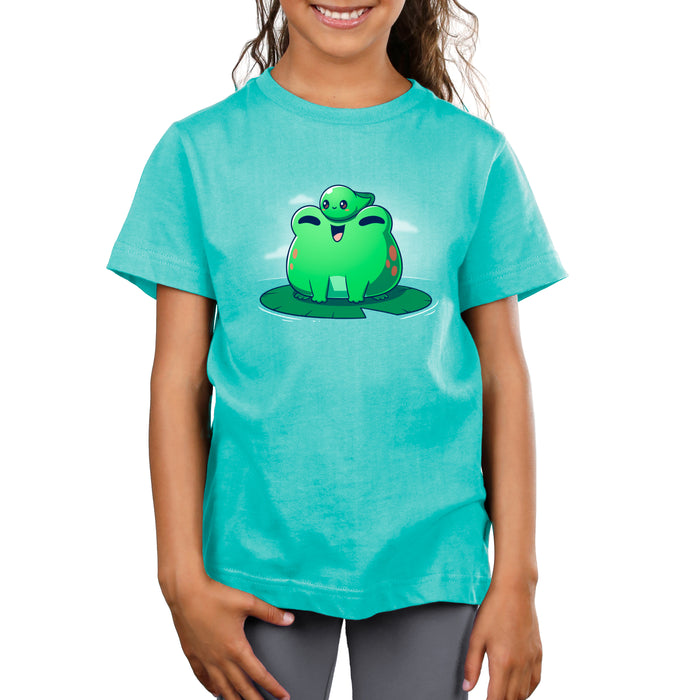 Premium Cotton T-shirt_TeeTurtle Hoppy Family sage t-shirt featuring a cute frog and tadpole.