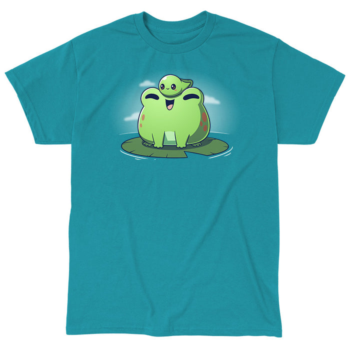Classic Cotton T-shirt_TeeTurtle Hoppy Family Tropical blue t-shirt featuring a cute frog and tadpole.