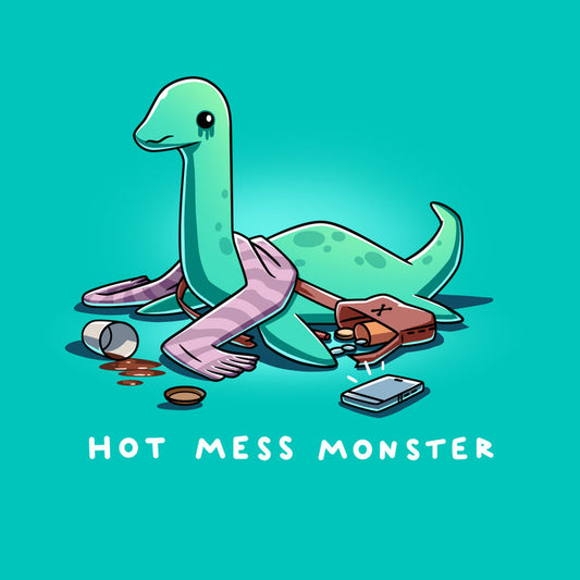Premium Cotton T-shirt_TeeTurtle Caribbean blue Hot Mess Monster apparel featuring a sad Loch Ness Monster with melting eyeshadow, spilled coffee cup, things spilled out of its purse with its phone ringing at it.