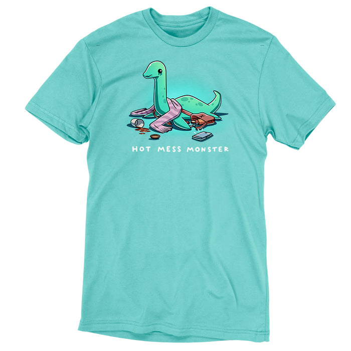Premium Cotton T-shirt_TeeTurtle Caribbean blue Hot Mess Monster apparel featuring a sad Loch Ness Monster with melting eyeshadow, spilled coffee cup, things spilled out of its purse with its phone ringing at it.