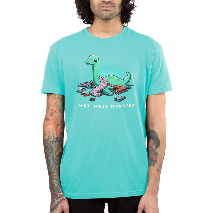 Premium Cotton T-shirt_TeeTurtle Caribbean blue Hot Mess Monster apparel featuring a sad Loch Ness Monster with melting eyeshadow, spilled coffee cup, things spilled out of its purse with its phone ringing at it.