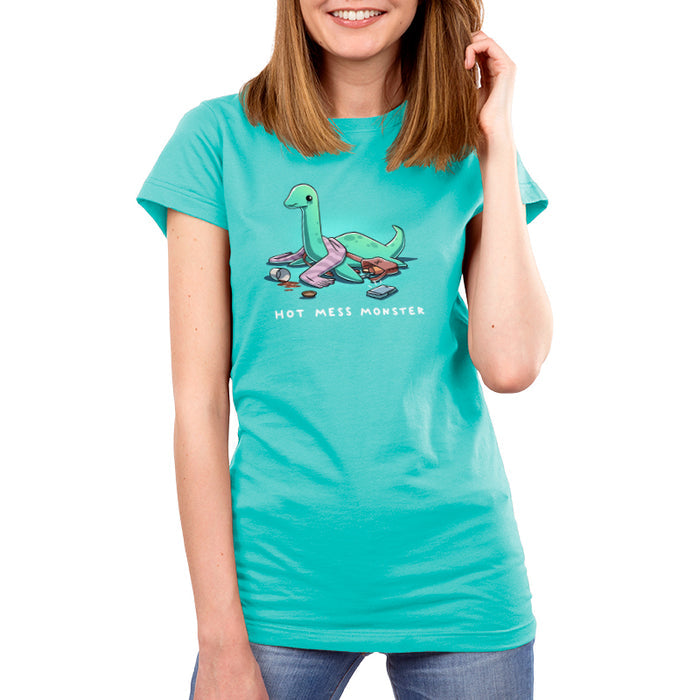 Premium Cotton T-shirt_TeeTurtle Caribbean blue Hot Mess Monster apparel featuring a sad Loch Ness Monster with melting eyeshadow, spilled coffee cup, things spilled out of its purse with its phone ringing at it.