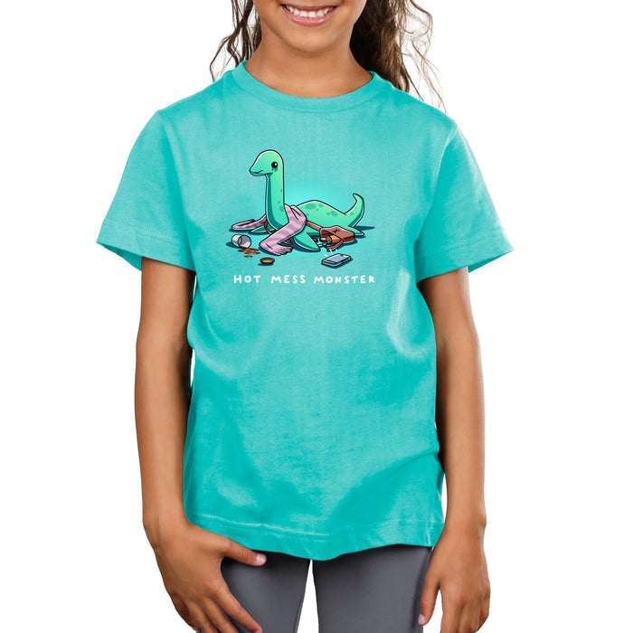 Premium Cotton T-shirt_TeeTurtle Caribbean blue Hot Mess Monster apparel featuring a sad Loch Ness Monster with melting eyeshadow, spilled coffee cup, things spilled out of its purse with its phone ringing at it.