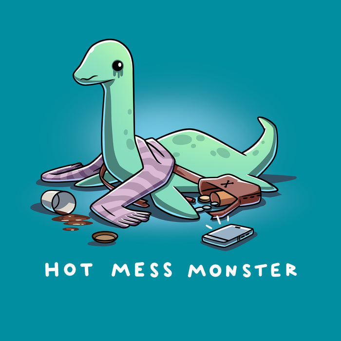 Classic Cotton T-shirt_TeeTurtle tropical blue Hot Mess Monster apparel featuring a sad Loch Ness Monster with melting eyeshadow, spilled coffee cup, things spilled out of its purse with its phone ringing at it.