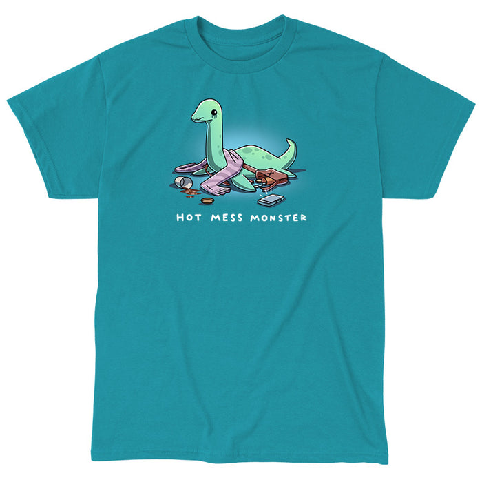Classic Cotton T-shirt_TeeTurtle tropical blue Hot Mess Monster apparel featuring a sad Loch Ness Monster with melting eyeshadow, spilled coffee cup, things spilled out of its purse with its phone ringing at it.