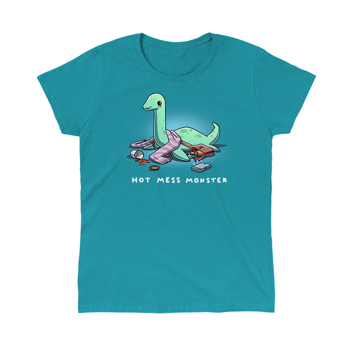 Classic Cotton T-shirt_TeeTurtle tropical blue Hot Mess Monster apparel featuring a sad Loch Ness Monster with melting eyeshadow, spilled coffee cup, things spilled out of its purse with its phone ringing at it.