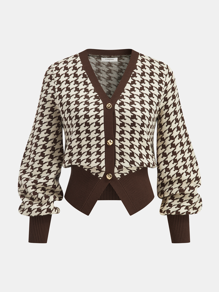 Houndstooth Puff-Sleeve Cropped Knit Cardigan