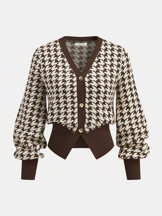Houndstooth Puff-Sleeve Cropped Knit Cardigan