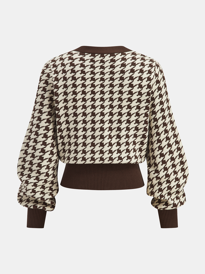 Houndstooth Puff-Sleeve Cropped Knit Cardigan