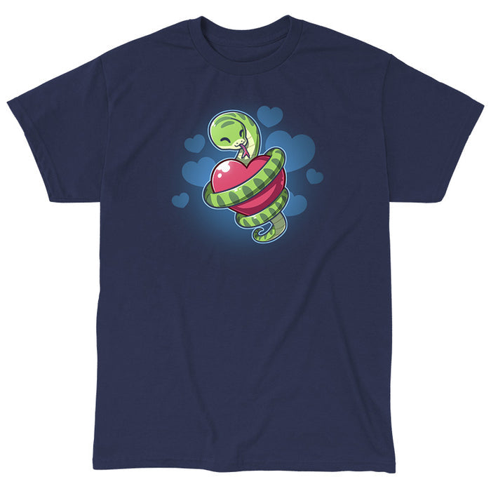 Classic Cotton T-shirt_TeeTurtle  navy blue Hugs and Hisses apparel featuring a green snake coiled around a red heart with blue hearts in the background.