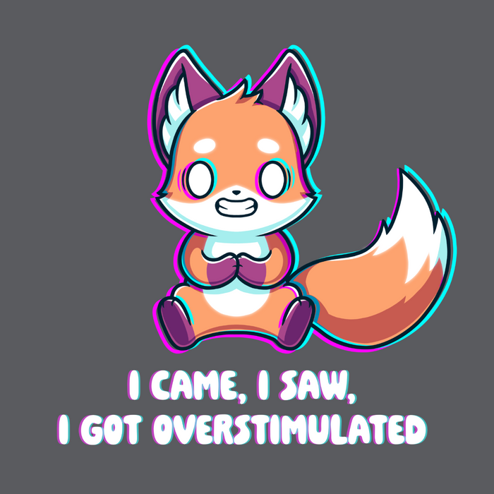 Premium Cotton T-shirt_TeeTurtle charcoal I Came I Saw I Got Overstimulated Premium Cotton T-shirt featuring a fox vibrating with streaks of color around him. He is grimacing and his eyes are totally white. The text below reads "I Came, I Saw, I Got Overstimulated"